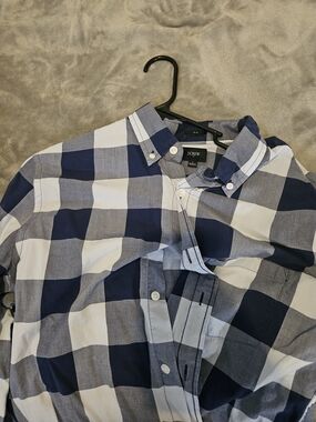 J. Crew Men's Navy and White Large Check Button-Down Shirt